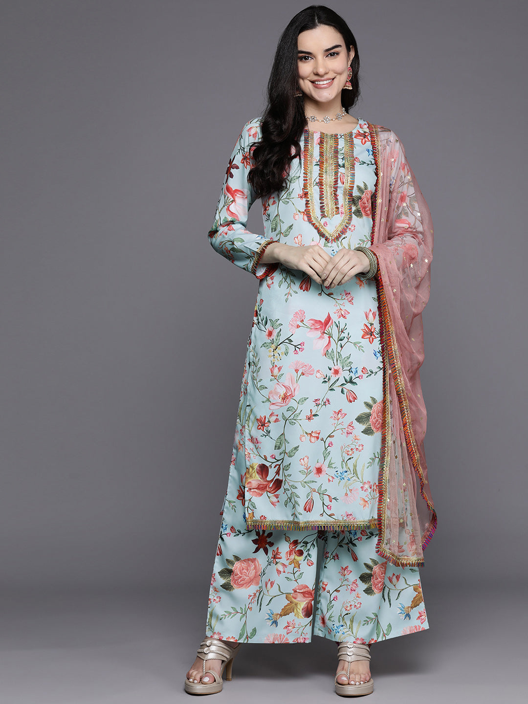 Floral Printed Kurta and Palazzo Set with Dupatta - Women's