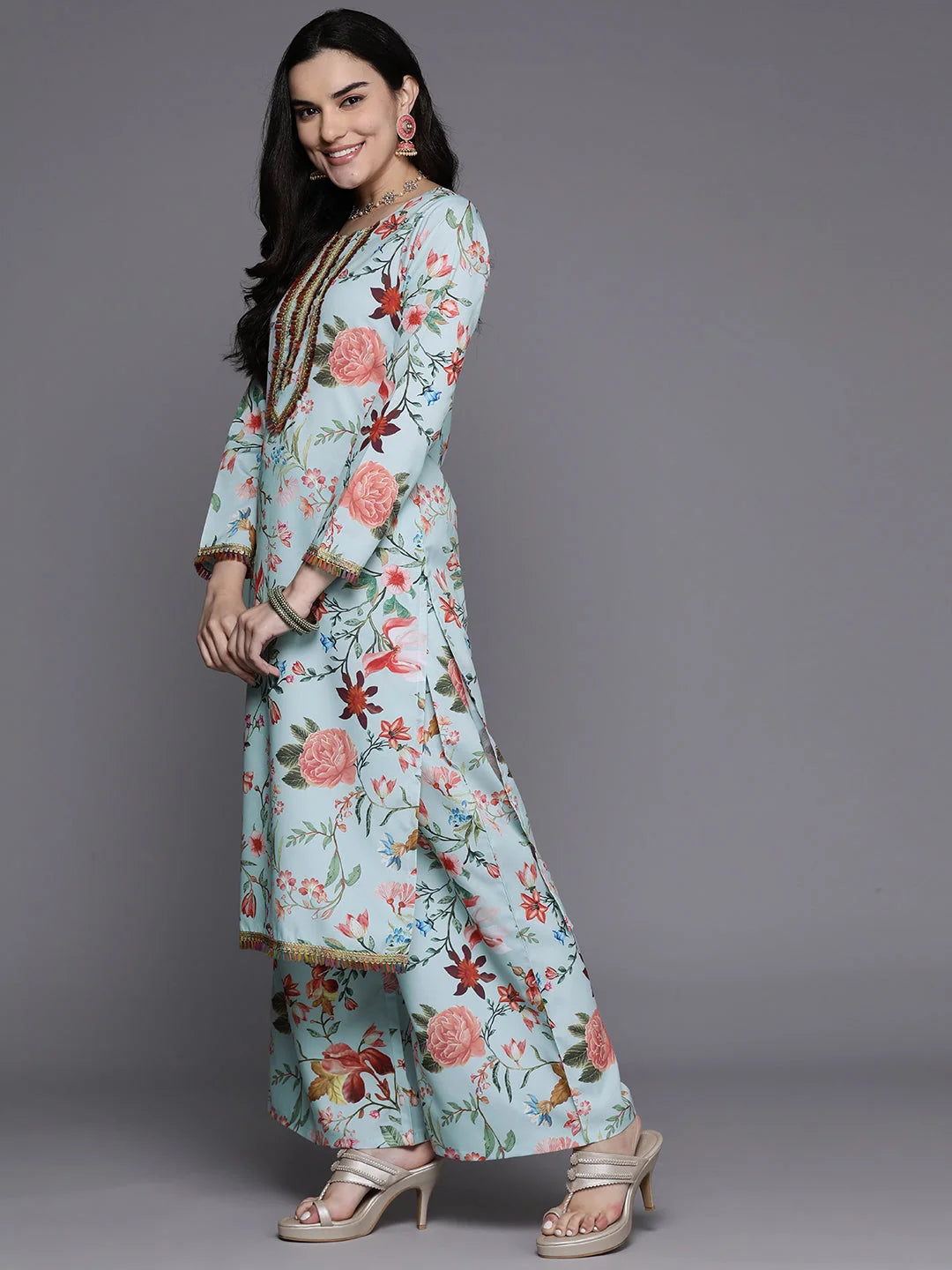 Floral Printed Kurta and Palazzo Set with Dupatta - Women's