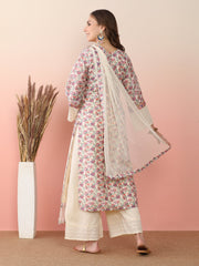 Floral Printed Round Neck Flared Sleeves Straight Kurta With Palazzos & Dupatta-AHKUDUPZ-COMBO-988