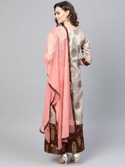 Grey & Coffee Brown Printed Kurta with Palazzo & Dupatta-AHKUDUPZ-Combo-221