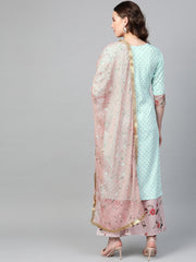 Sea Green & Pink Printed Straight Kurta with Palazzos & Dupatta-AHKUDUPZ-Combo-231