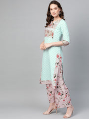 Sea Green & Pink Printed Straight Kurta with Palazzos & Dupatta-AHKUDUPZ-Combo-231