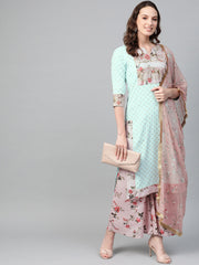 Sea Green & Pink Printed Straight Kurta with Palazzos & Dupatta-AHKUDUPZ-Combo-231