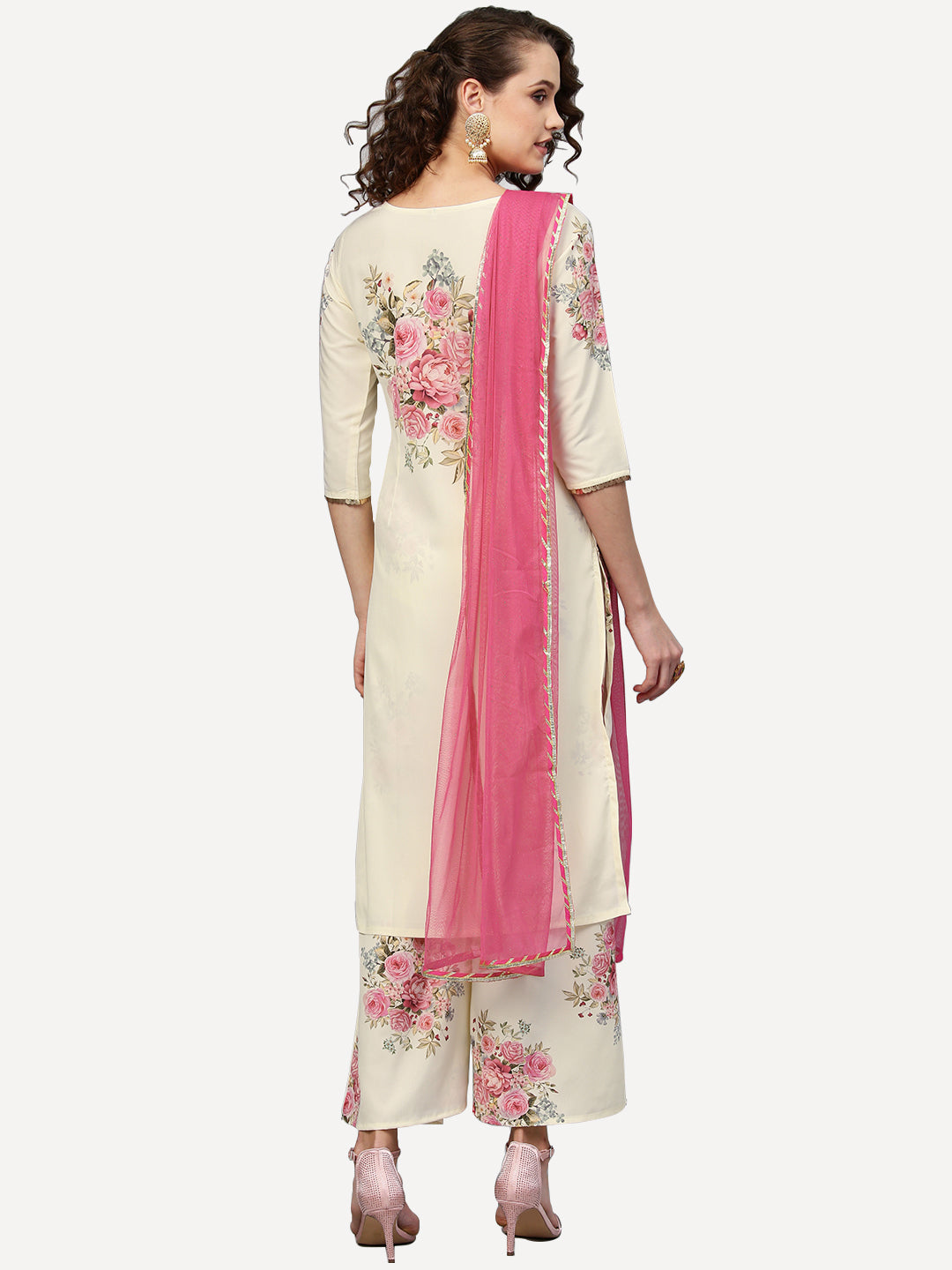 Off White & Pink Printed Kurta Palazzo Set | Indian Apparel