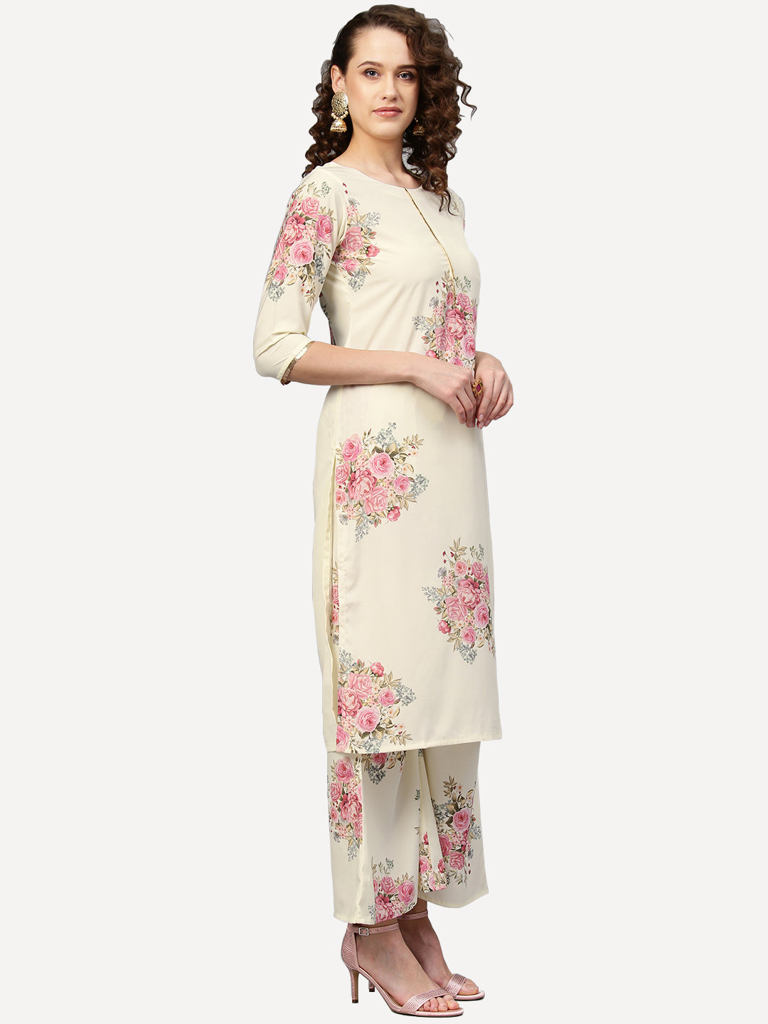 Off White & Pink Printed Kurta Palazzo Set | Indian Apparel