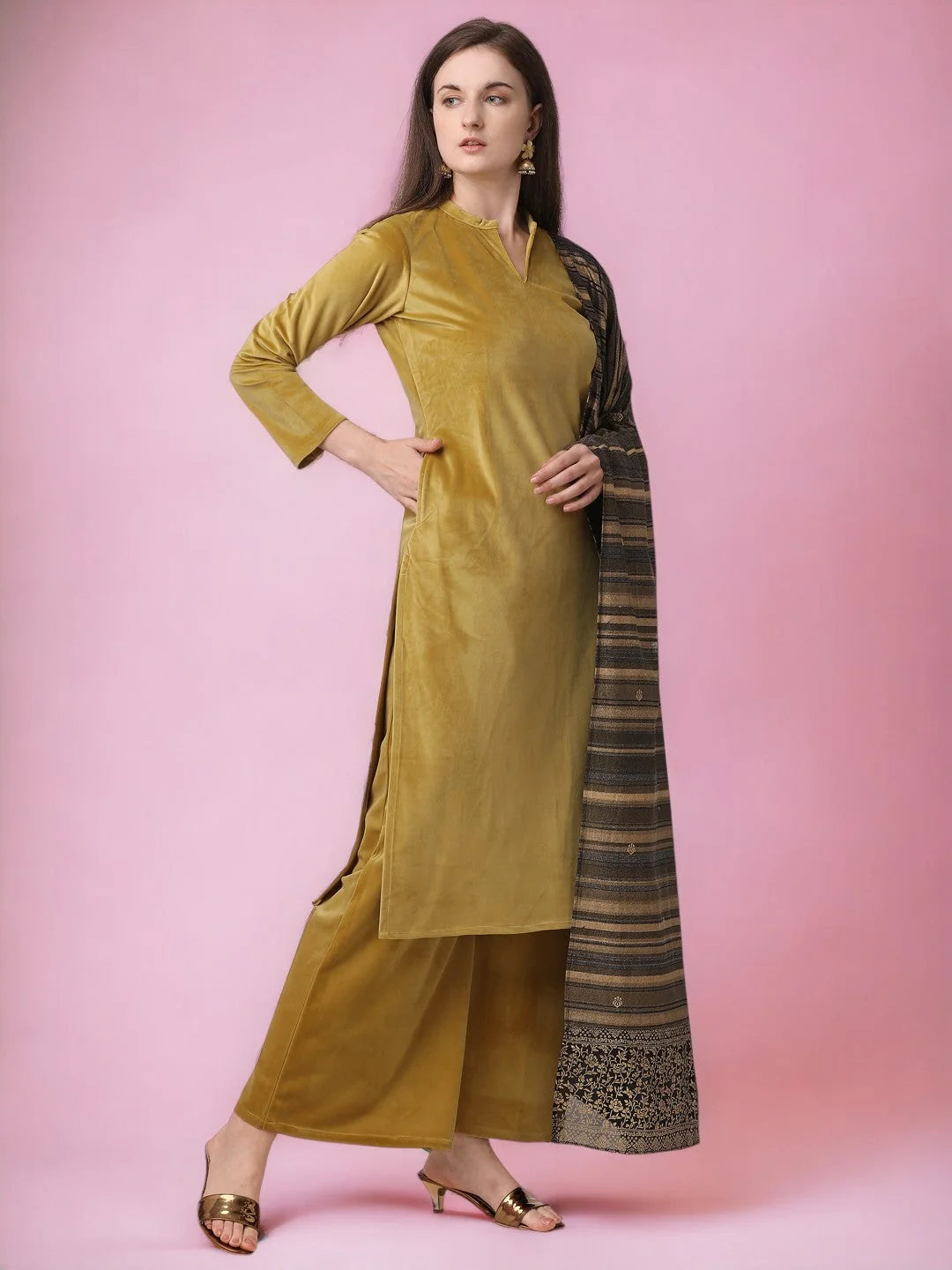 Mustard Velvet Kurta Set with Dupatta | Women's Indian Kurta Sets
