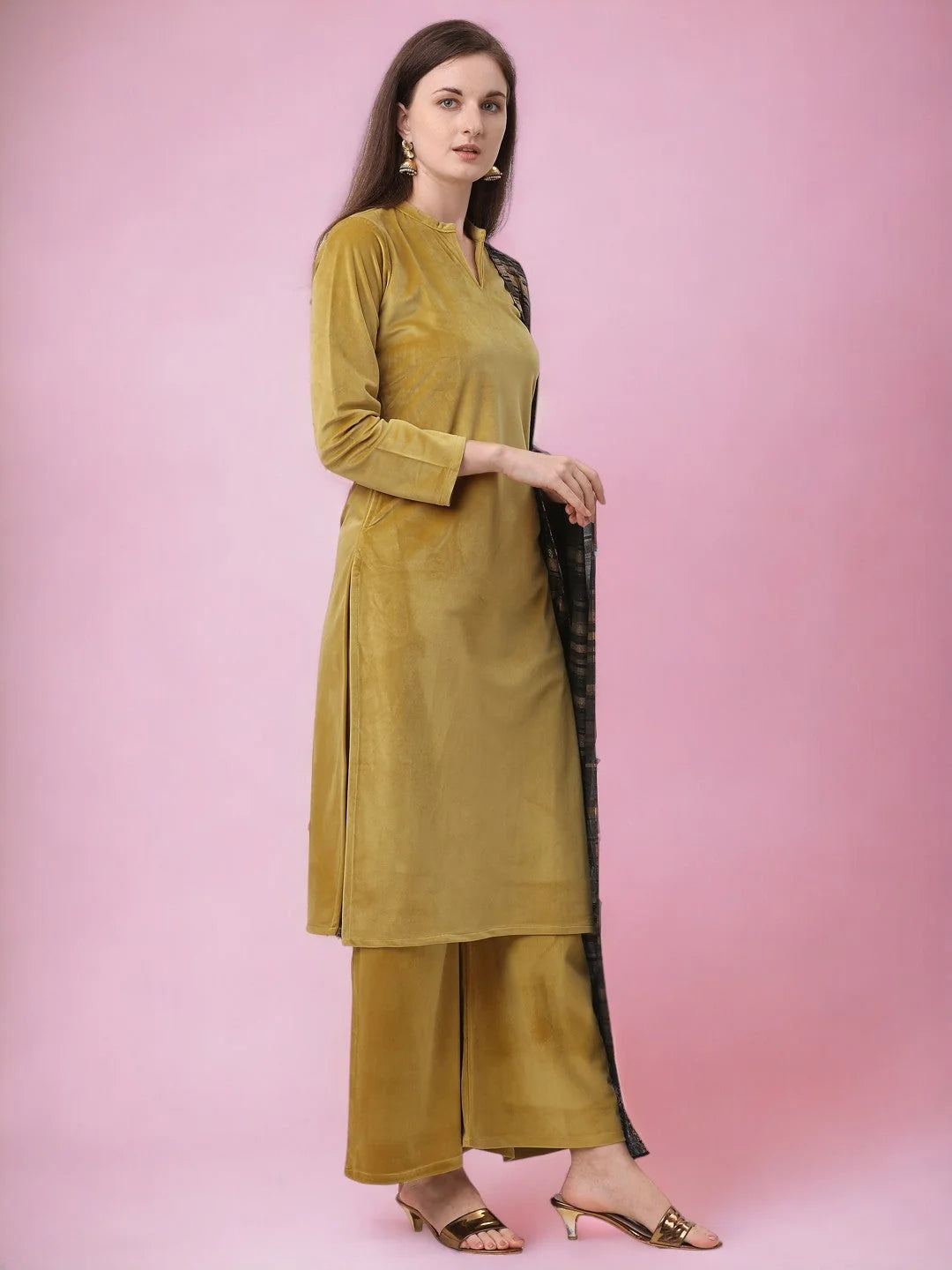 Mustard Velvet Kurta Set with Dupatta | Women's Indian Kurta Sets
