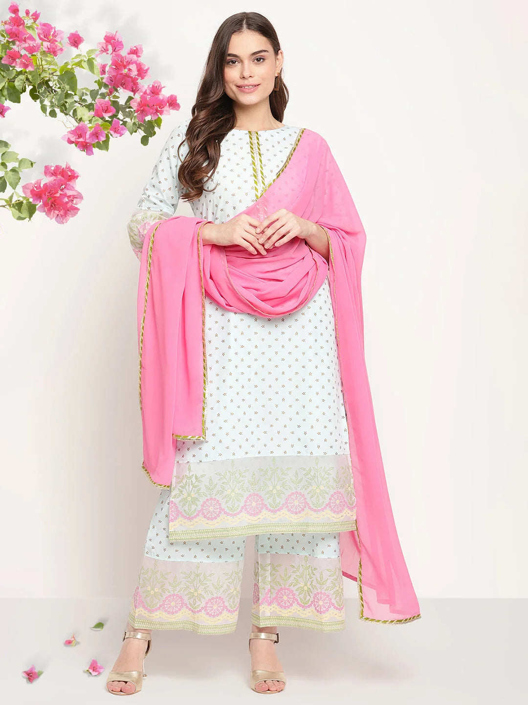 Blue Printed Kurta with Palazzos & Dupatta| Gotta Patti Work