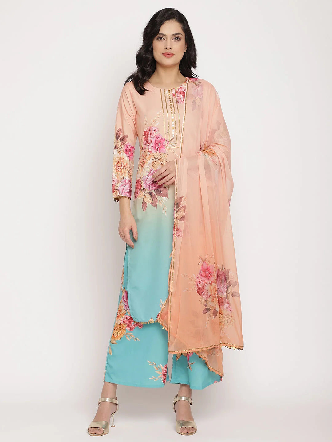 Peach Floral Printed Kurta Palazzo Set for Women Online