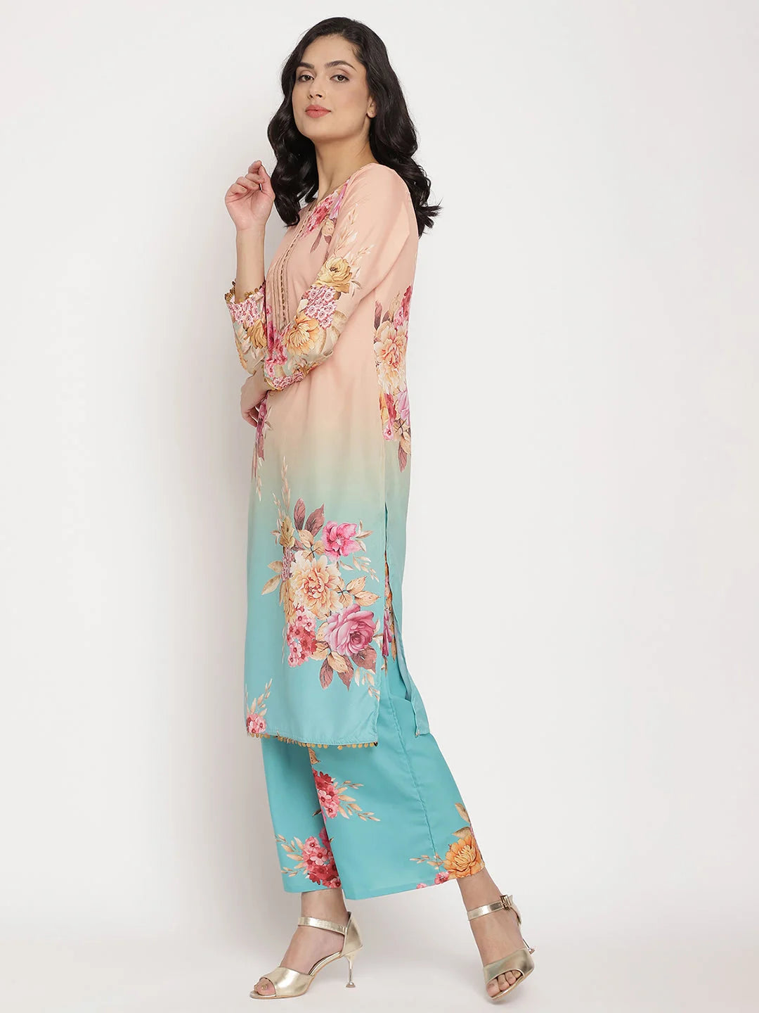 Peach Floral Printed Kurta Palazzo Set for Women Online