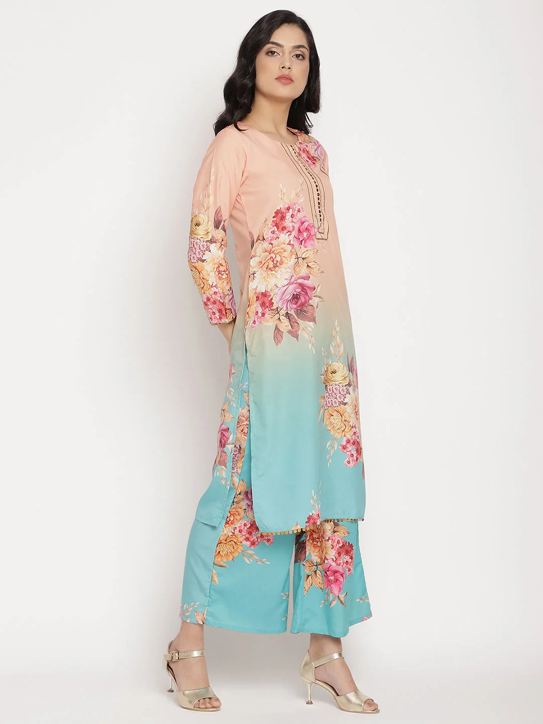 Peach Floral Printed Kurta Palazzo Set for Women Online