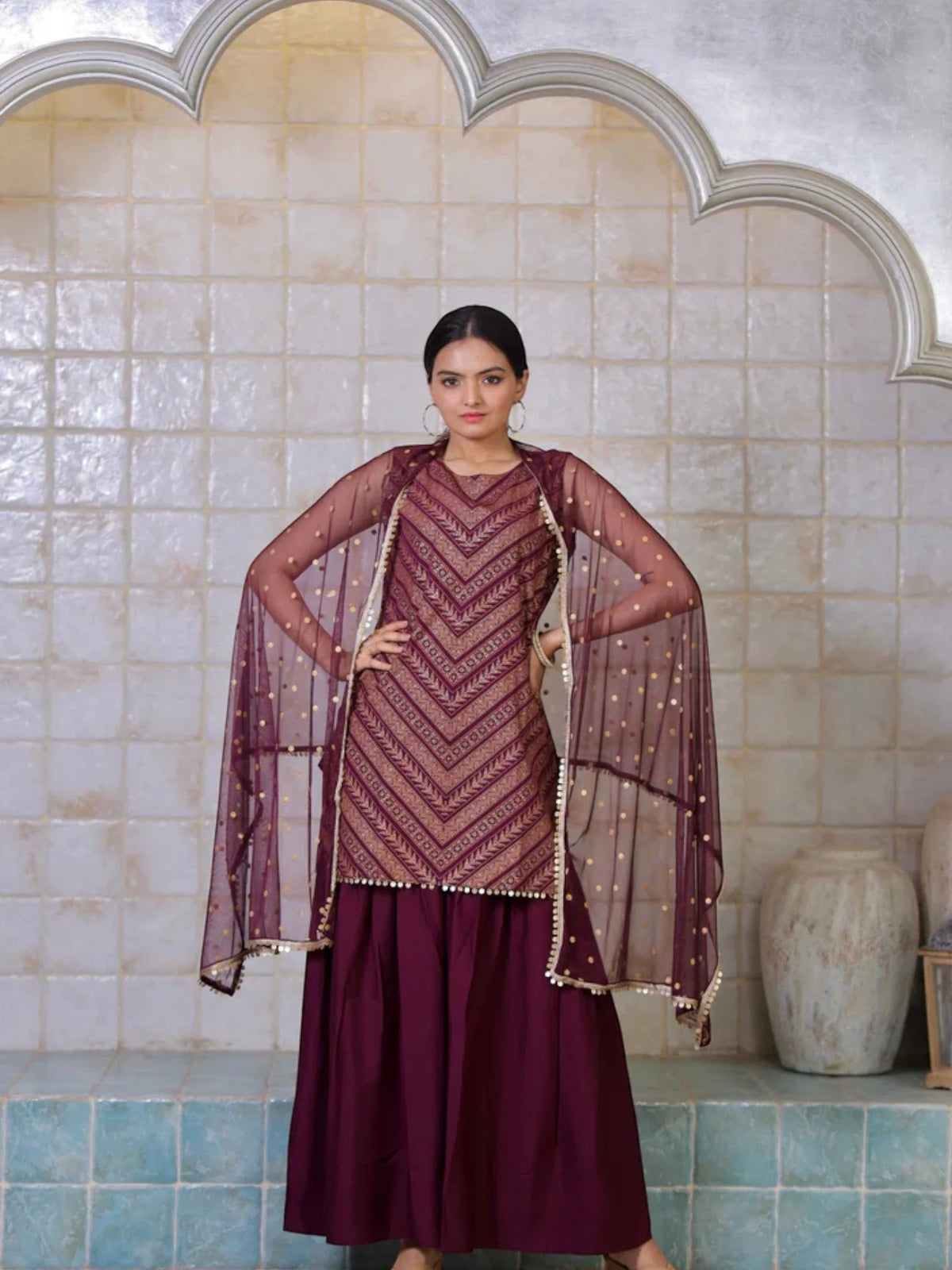 Women's Wine Crepe Glitter Print Sharara Set With Dupatta-AHKUDUSH-COMBO-369