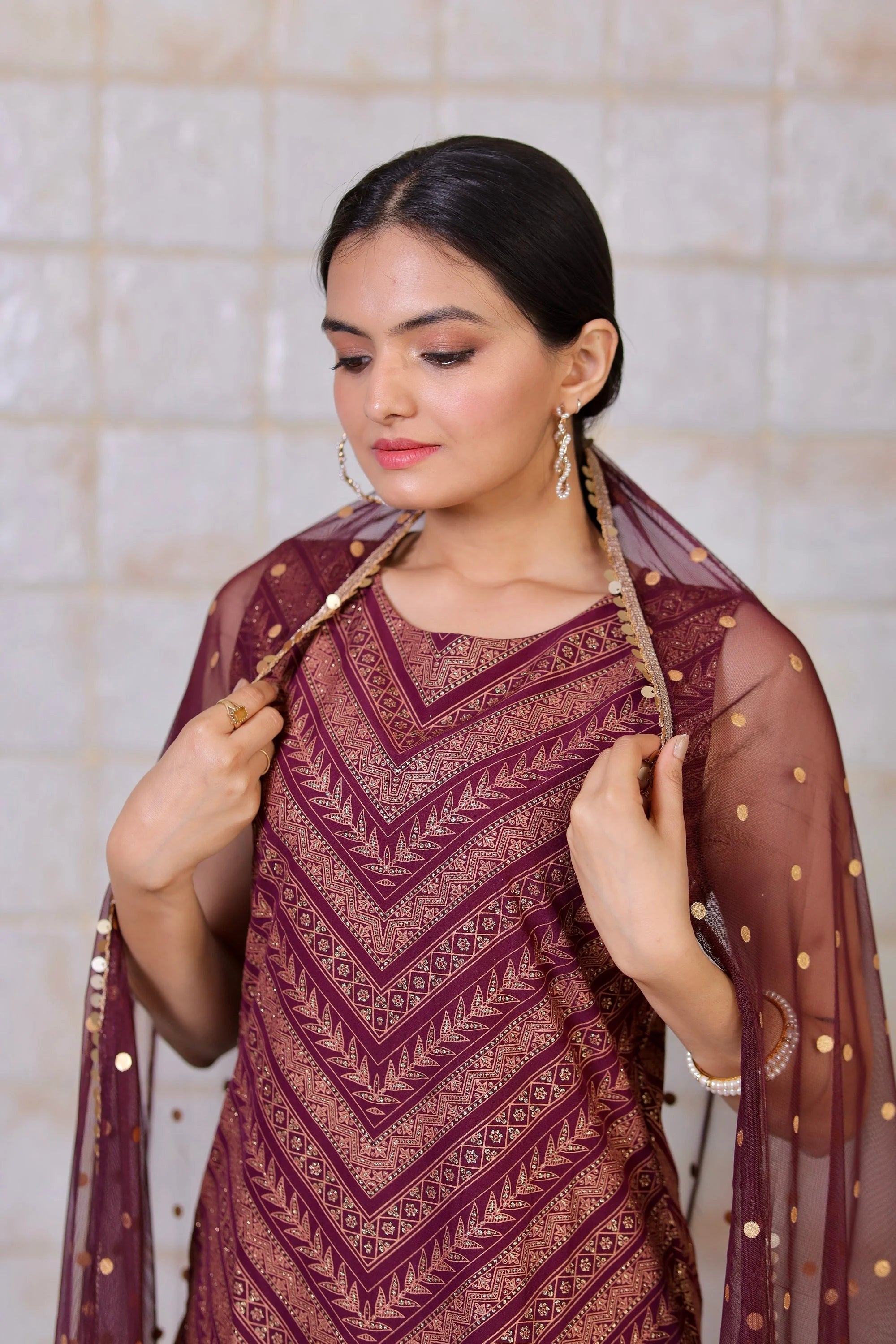 Wine Glitter Print Sharara Set | Designer Sharara Suits for Women