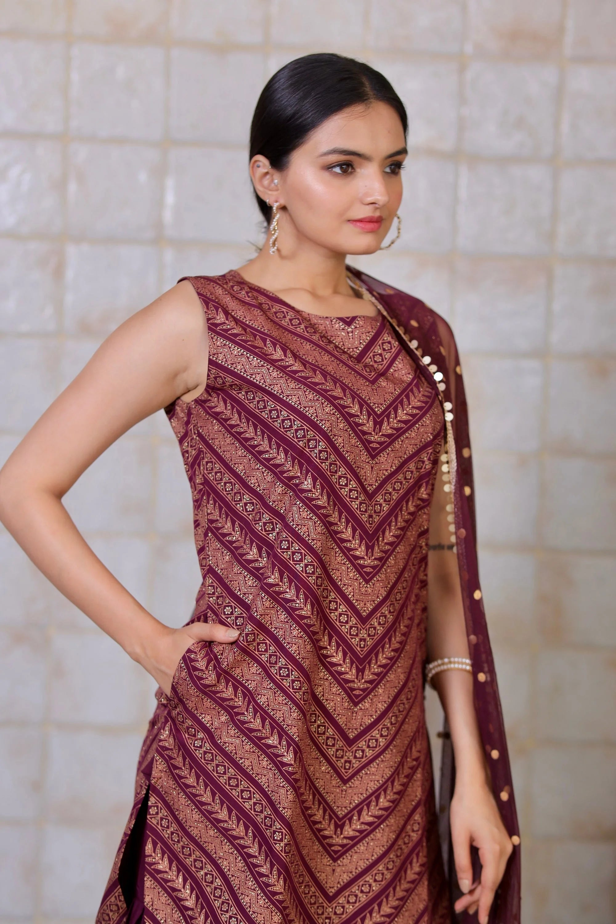 Wine Glitter Print Sharara Set | Designer Sharara Suits for Women