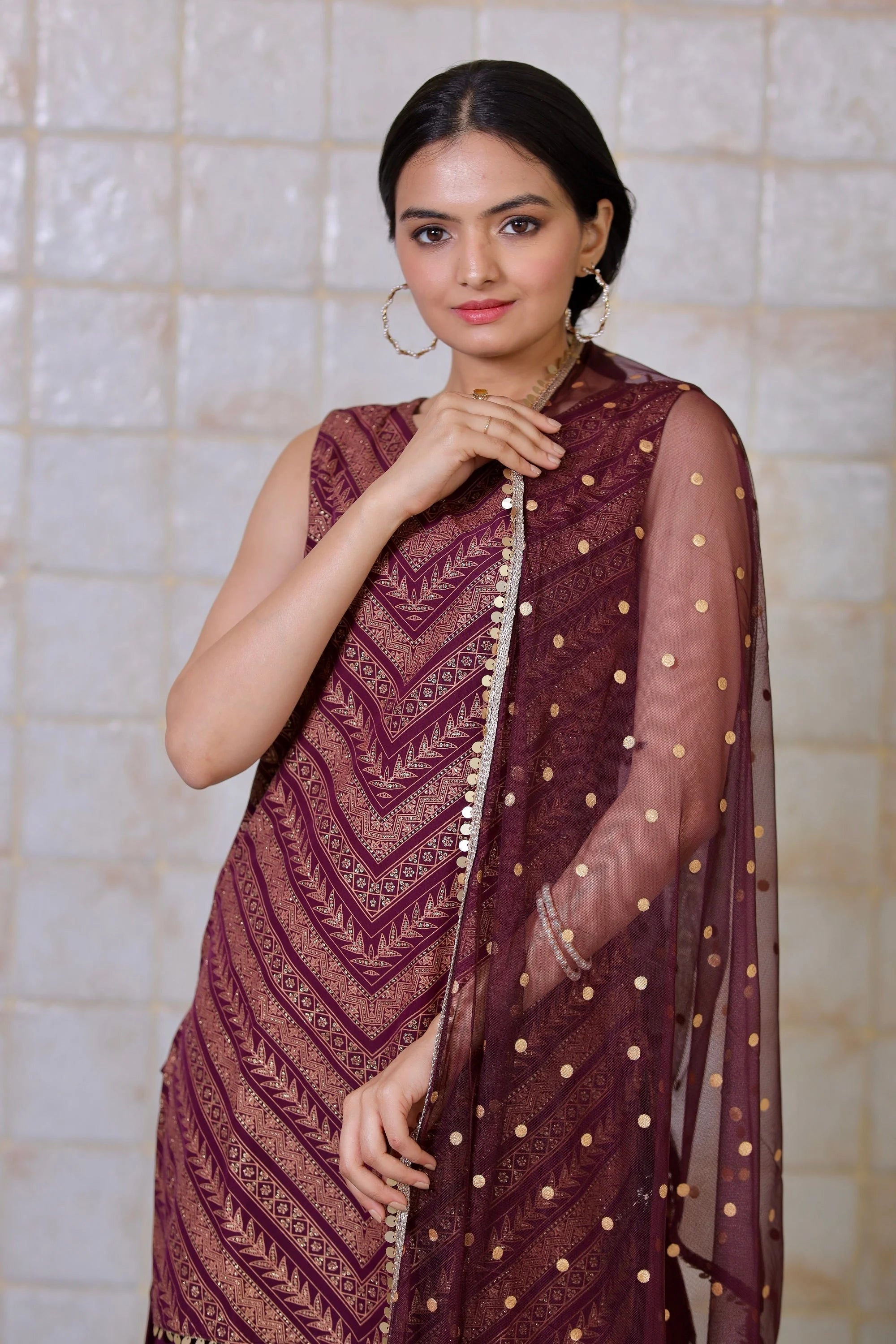 Wine Glitter Print Sharara Set | Designer Sharara Suits for Women