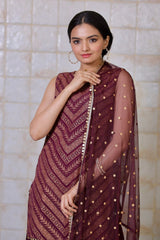 Women's Wine Crepe Glitter Print Sharara Set With Dupatta-AHKUDUSH-COMBO-369