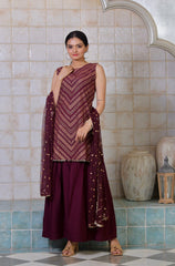 Women's Wine Crepe Glitter Print Sharara Set With Dupatta-AHKUDUSH-COMBO-369