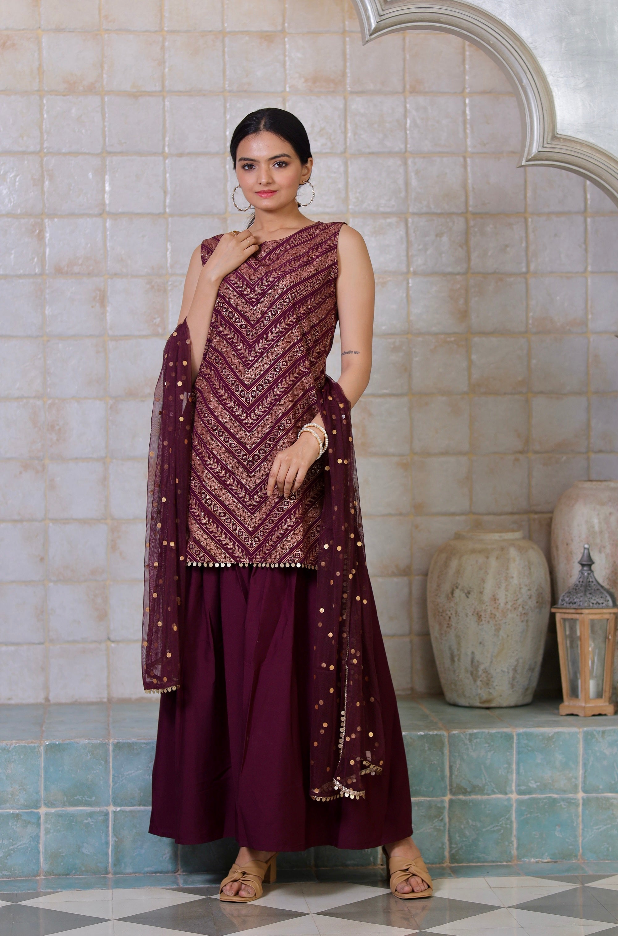 Wine Glitter Print Sharara Set | Designer Sharara Suits for Women