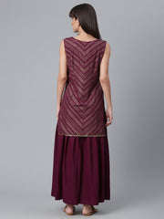 Women's Wine Crepe Glitter Print Sharara Set With Dupatta-AHKUDUSH-COMBO-369