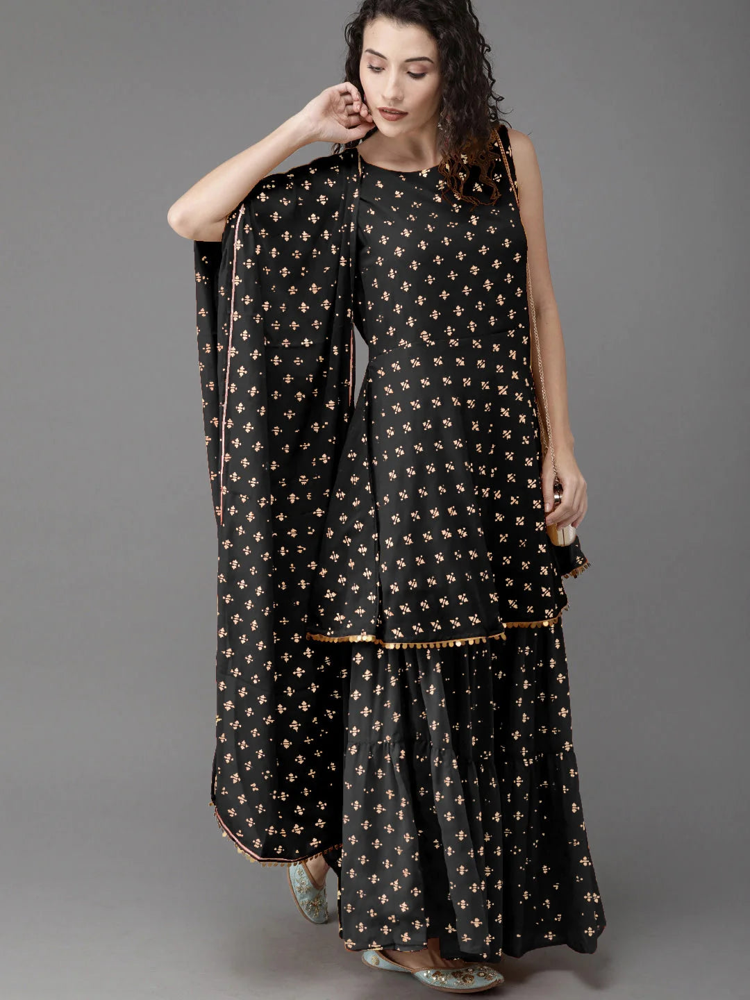Ethnic Sharara Suits | Black Printed Kurta with Sharara & Dupatta