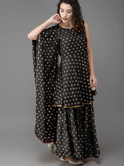 Women Black Ethnic Motifs Printed Empire Kurta with Sharara & With Dupatta-AHKUDUSH-COMBO-378