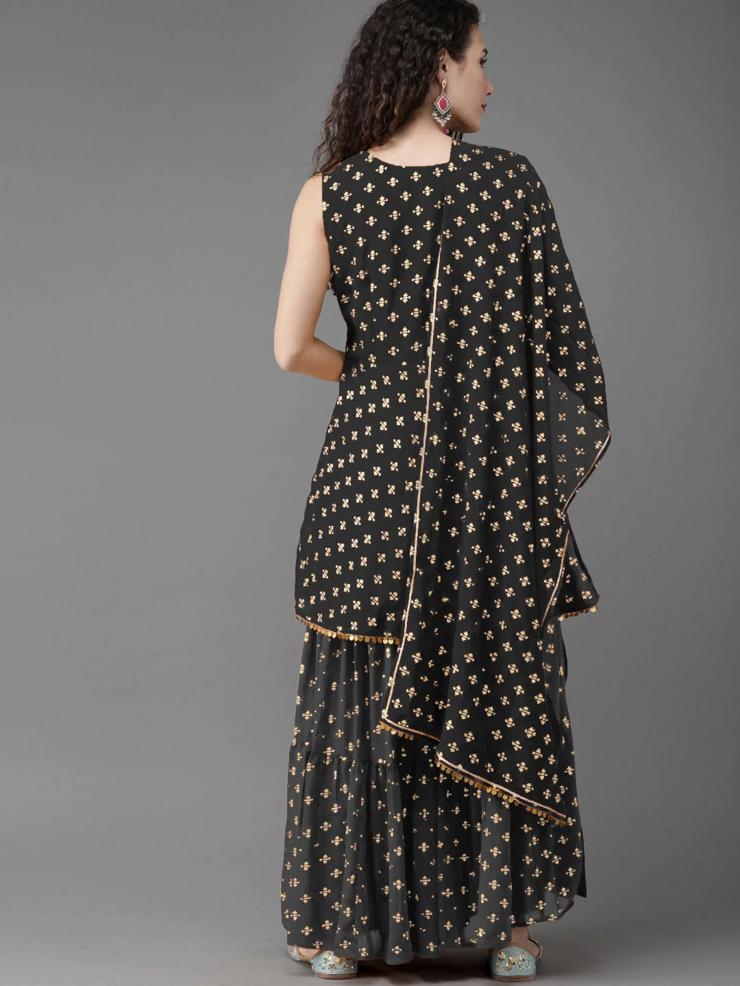 Ethnic Sharara Suits | Black Printed Kurta with Sharara & Dupatta