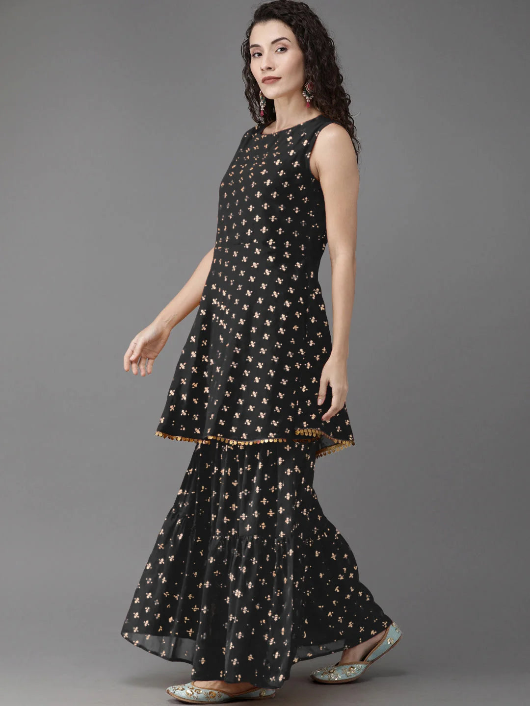 Ethnic Sharara Suits | Black Printed Kurta with Sharara & Dupatta