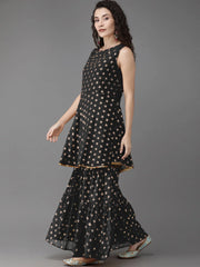 Women Black Ethnic Motifs Printed Empire Kurta with Sharara & With Dupatta-AHKUDUSH-COMBO-378