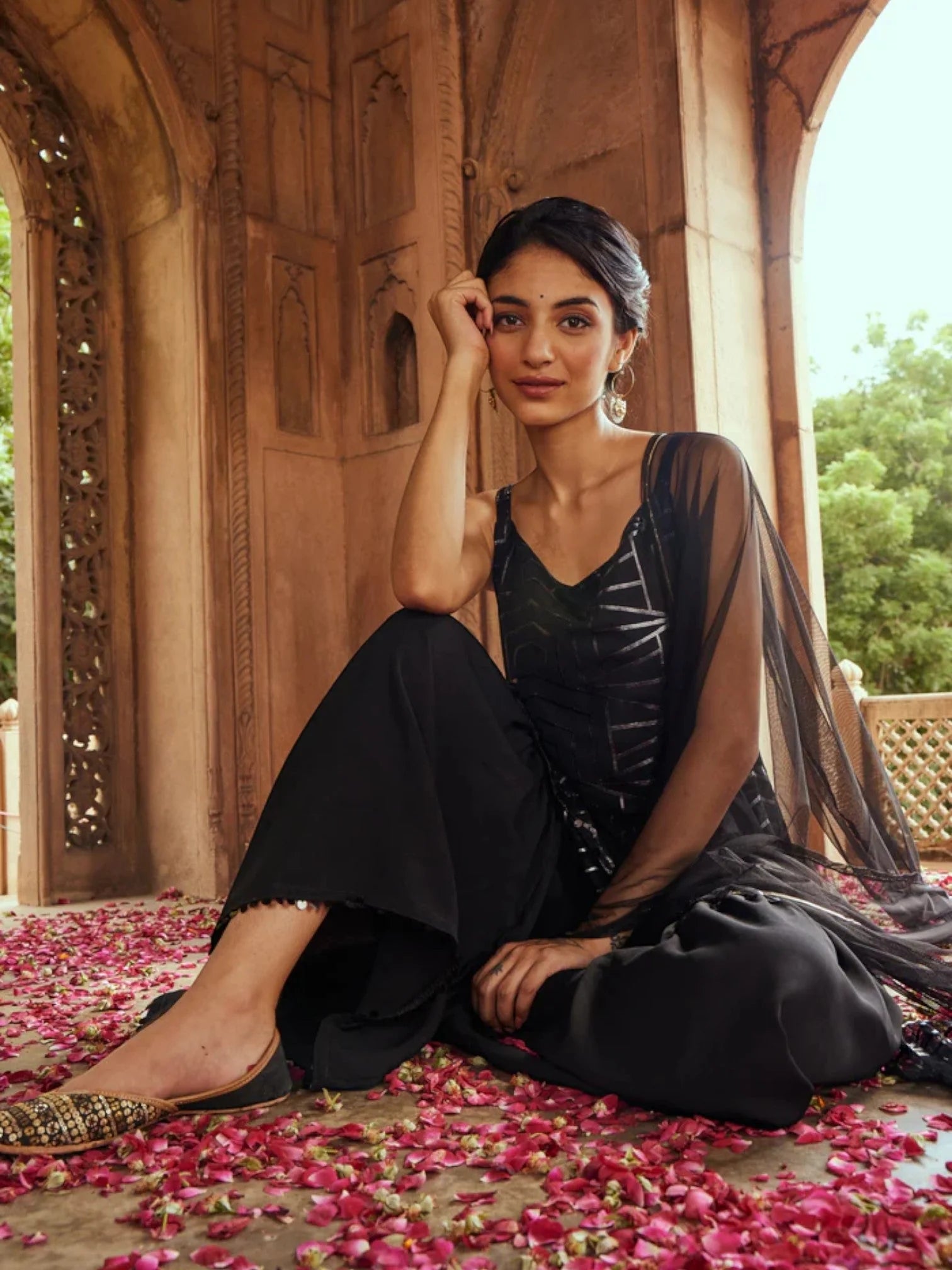 Black Glitter Print Sharara Set for Women | Designer Sharara S...