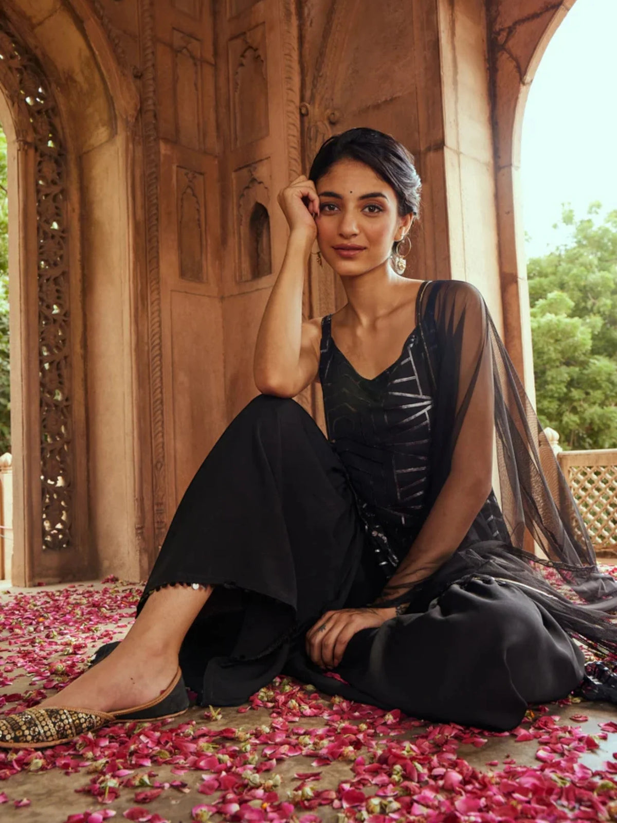 Women's Black Net Glitter Print Short Sharara Set With Dupatta-AHKUDUSH-COMBO-432-FF