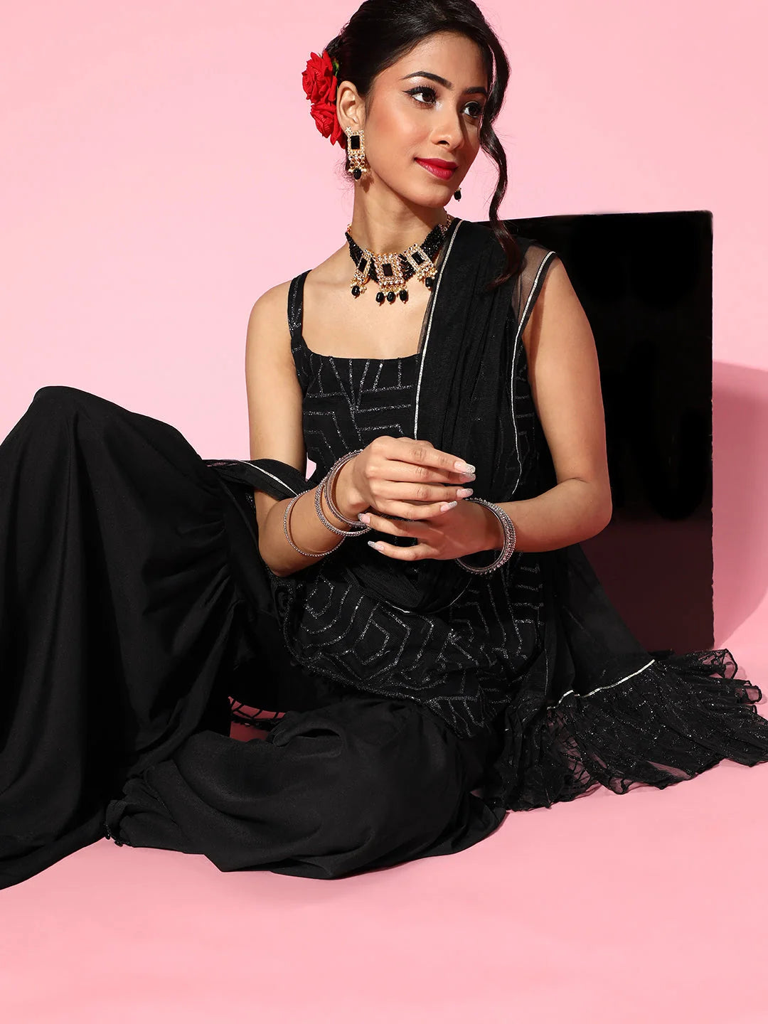 Black Glitter Print Sharara Set for Women | Designer Sharara S...