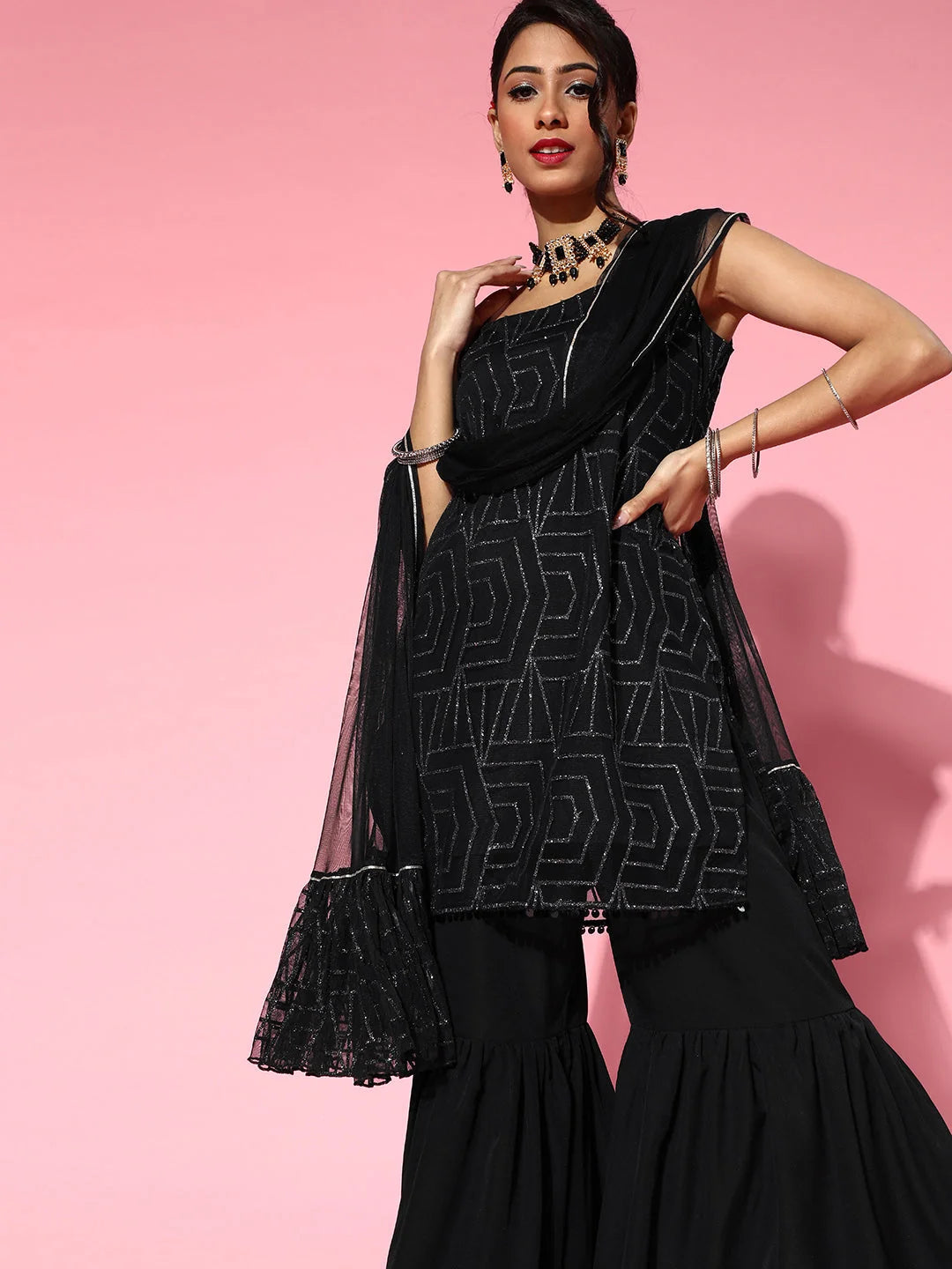 Black Glitter Print Sharara Set for Women | Designer Sharara S...