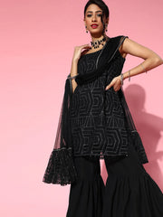Women's Black Net Glitter Print Short Sharara Set With Dupatta-AHKUDUSH-COMBO-432-FF