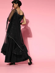 Women's Black Net Glitter Print Short Sharara Set With Dupatta-AHKUDUSH-COMBO-432-FF