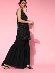 Women's Black Net Glitter Print Short Sharara Set With Dupatta-AHKUDUSH-COMBO-432-FF