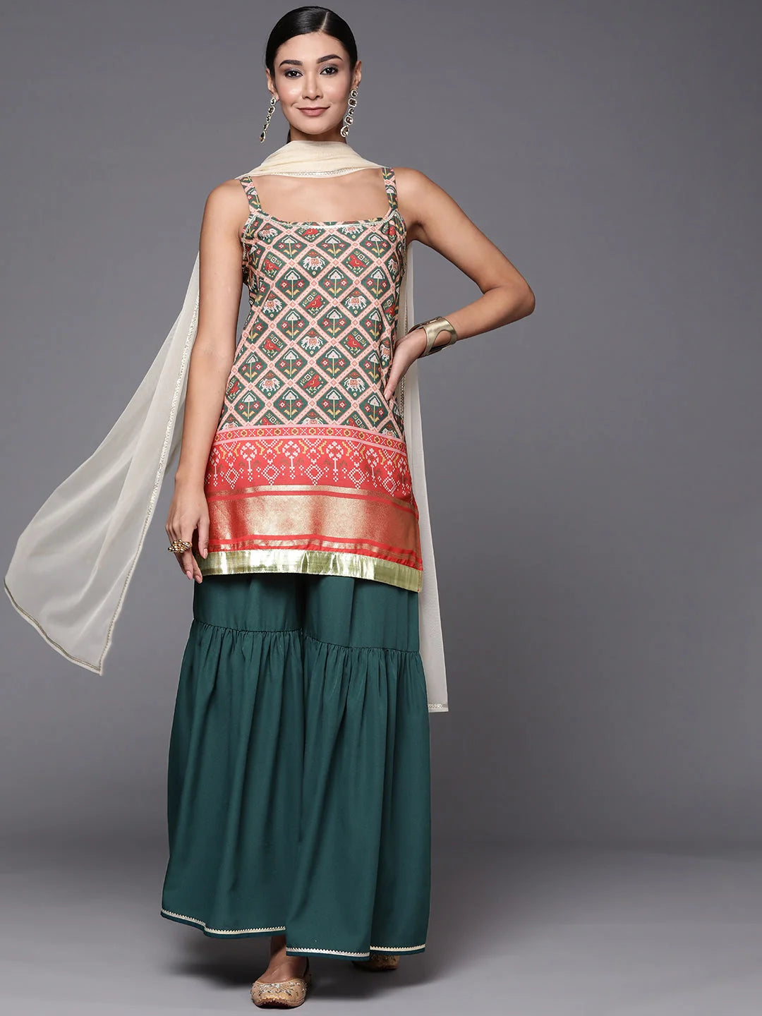Green & Red Printed Sharara Set - Sharara Suits For Women
