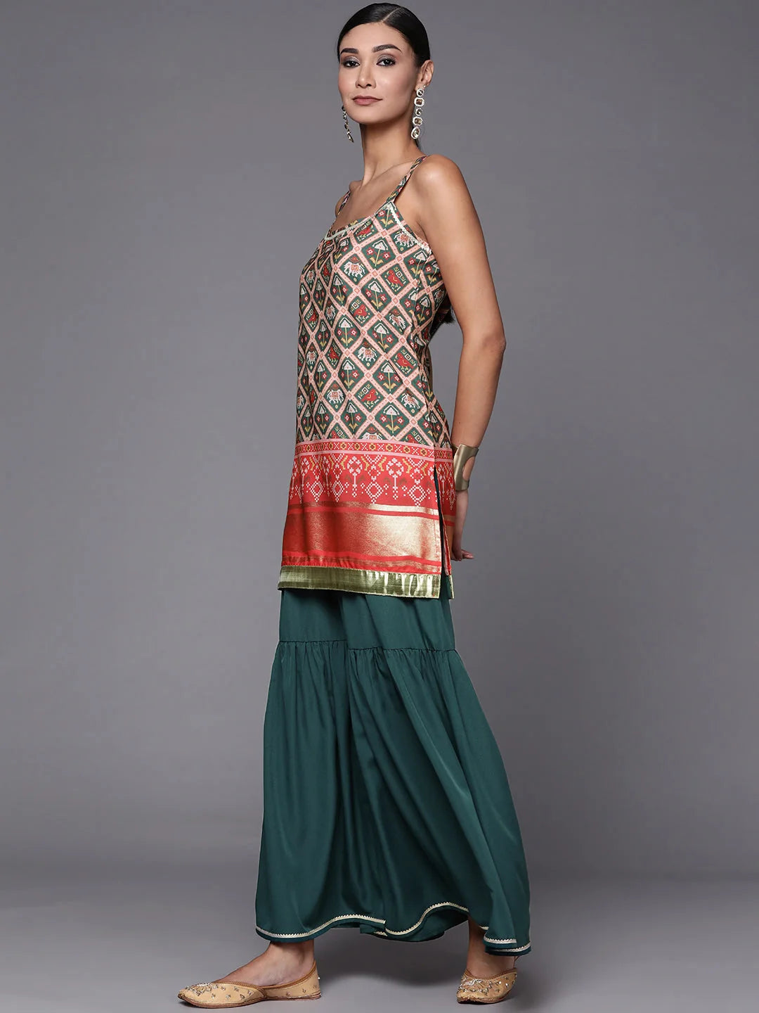 Green & Red Printed Sharara Set - Sharara Suits For Women