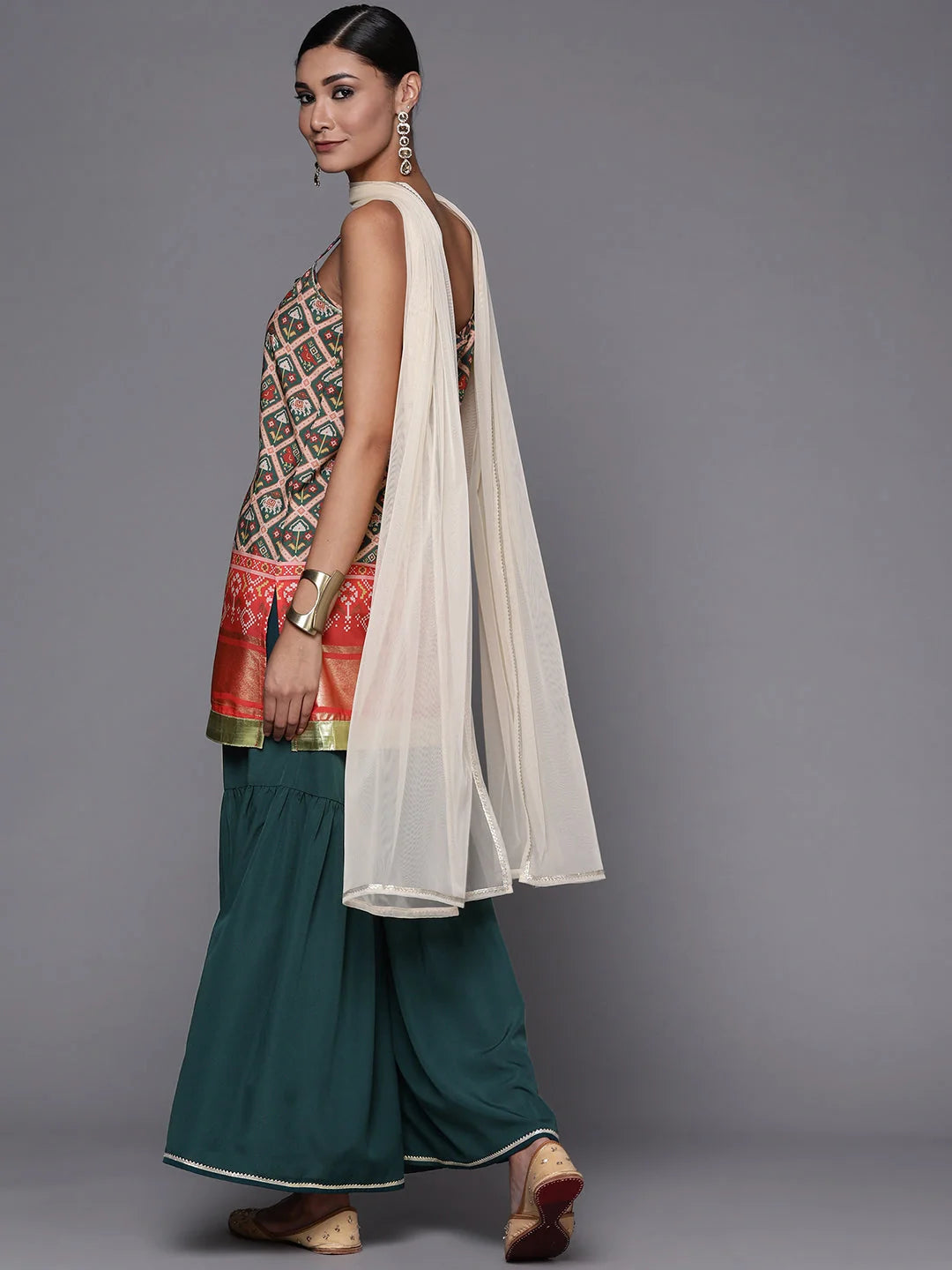 Green & Red Printed Sharara Set - Sharara Suits For Women