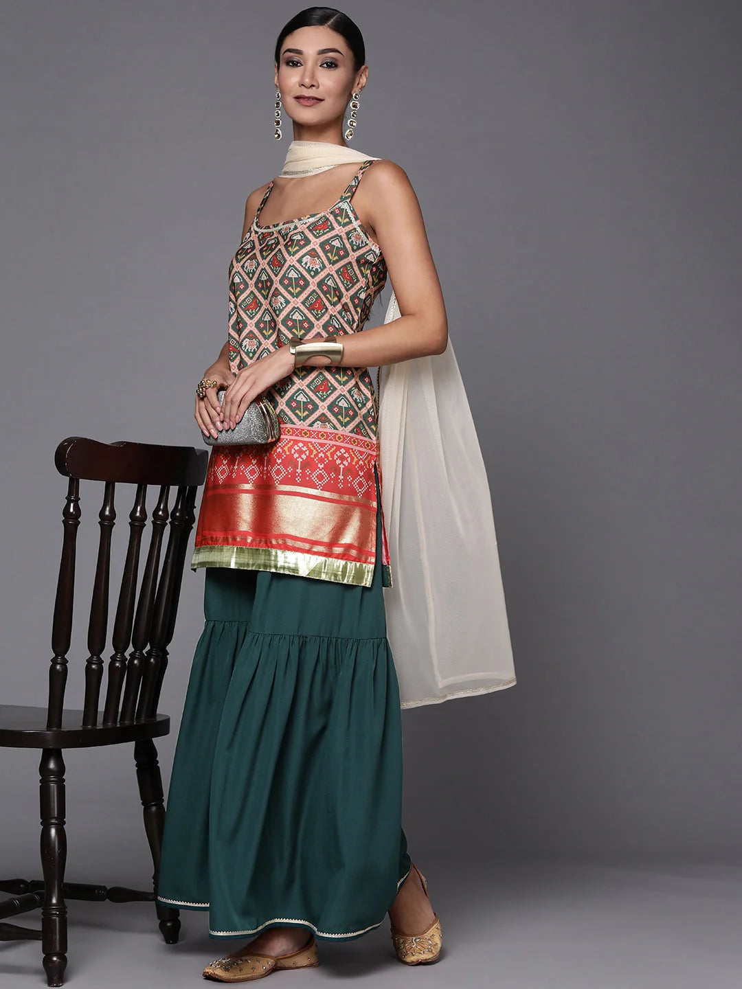 Green & Red Printed Sharara Set - Sharara Suits For Women