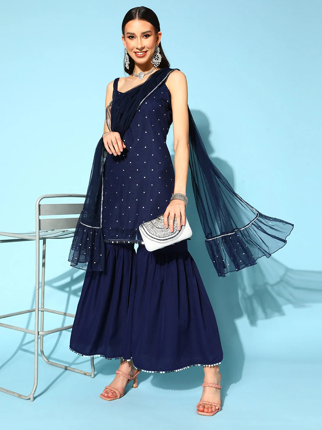Women's Navy Blue Printed Top to Toe Printed Fusion Sharara Sets With Dupatta-AHKUDUSH-COMBO-469-FF