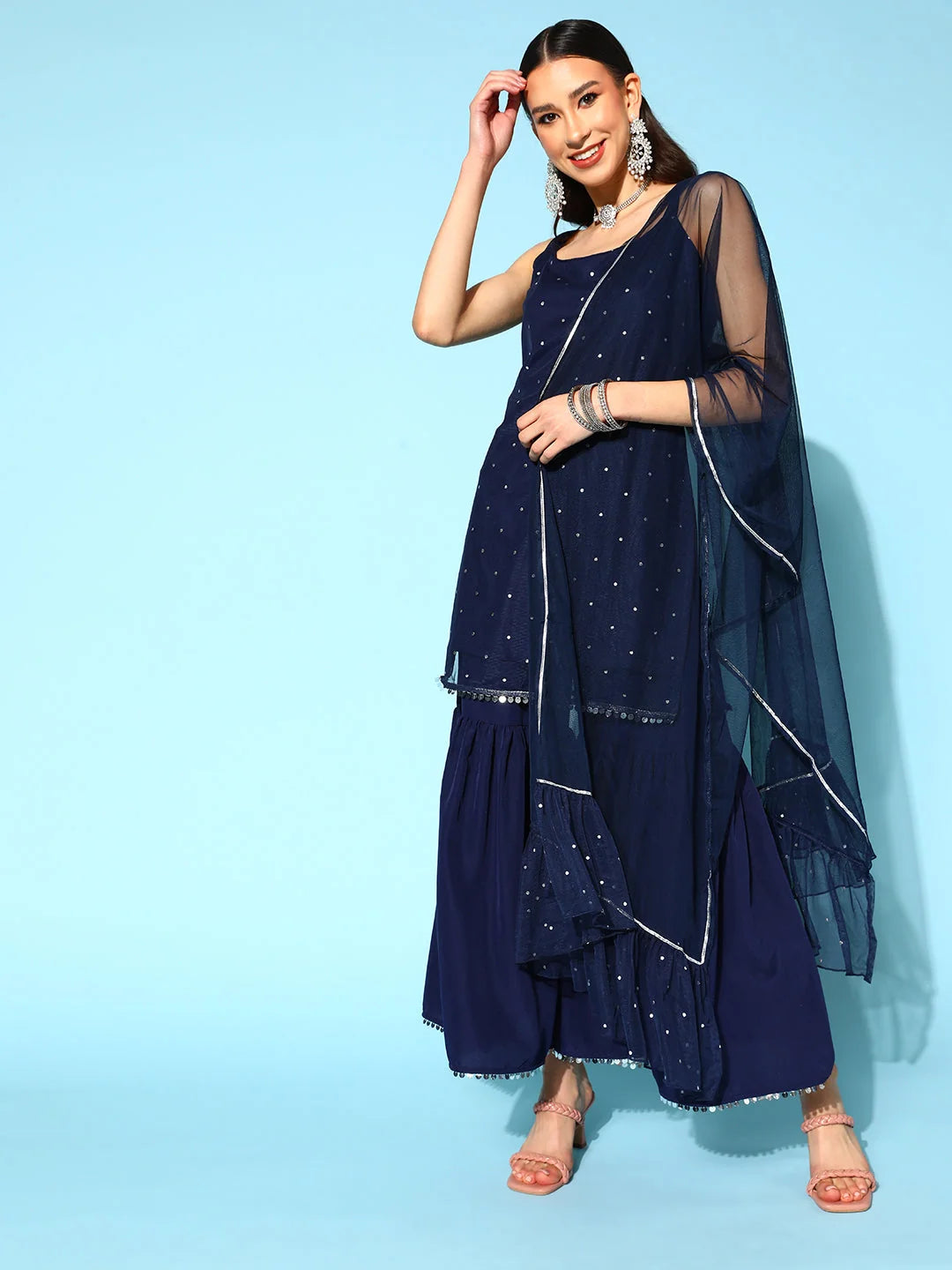Navy Blue Printed Sharara Sets - Designer Sharara Suits