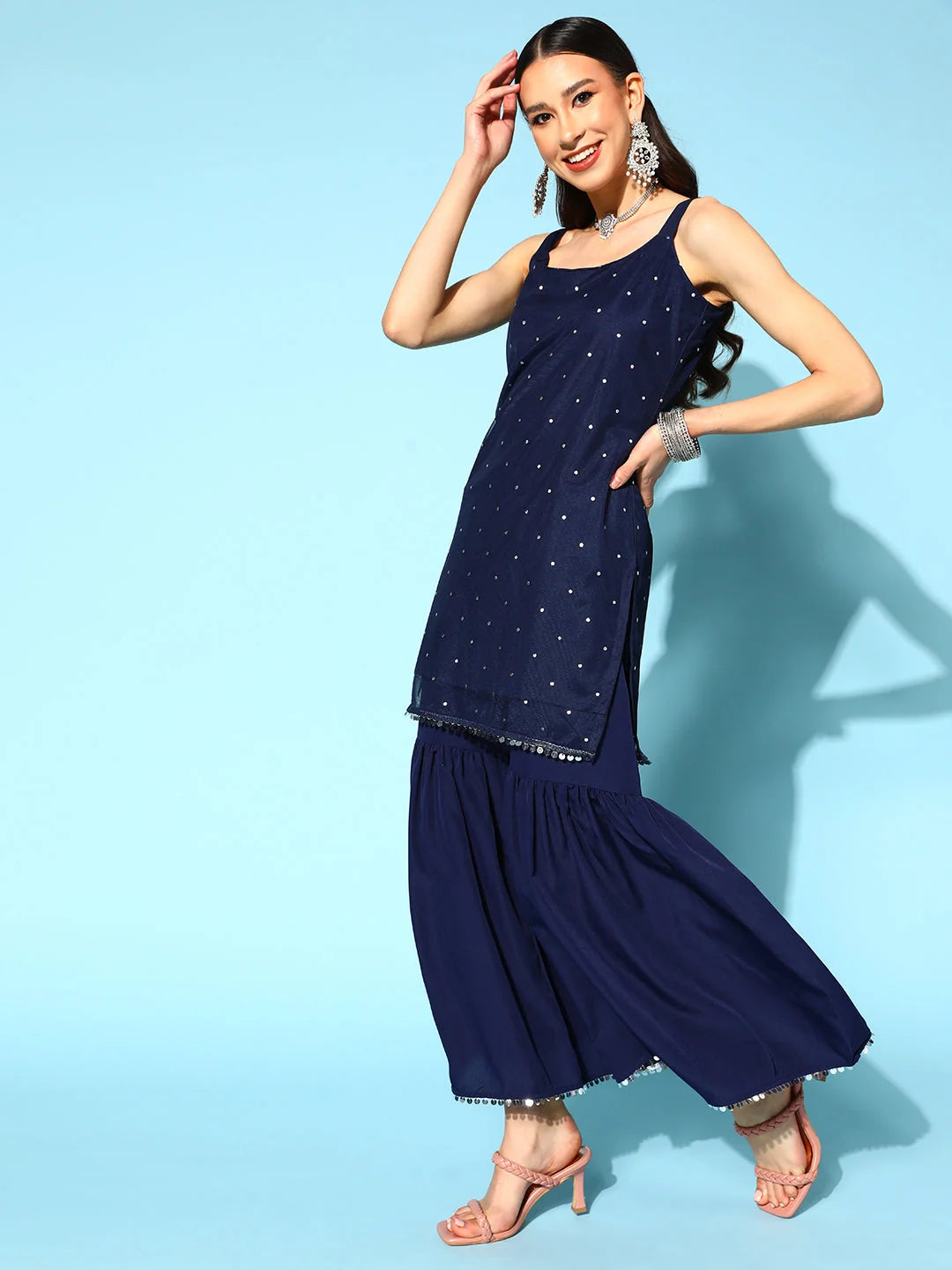 Navy Blue Printed Sharara Sets - Designer Sharara Suits