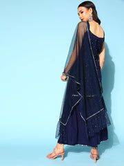 Women's Navy Blue Printed Top to Toe Printed Fusion Sharara Sets With Dupatta-AHKUDUSH-COMBO-469-FF