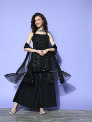 Women's Black Geometric Print Top to Toe Fusion Sharara Set-AHKUDUSH-COMBO-472-FF