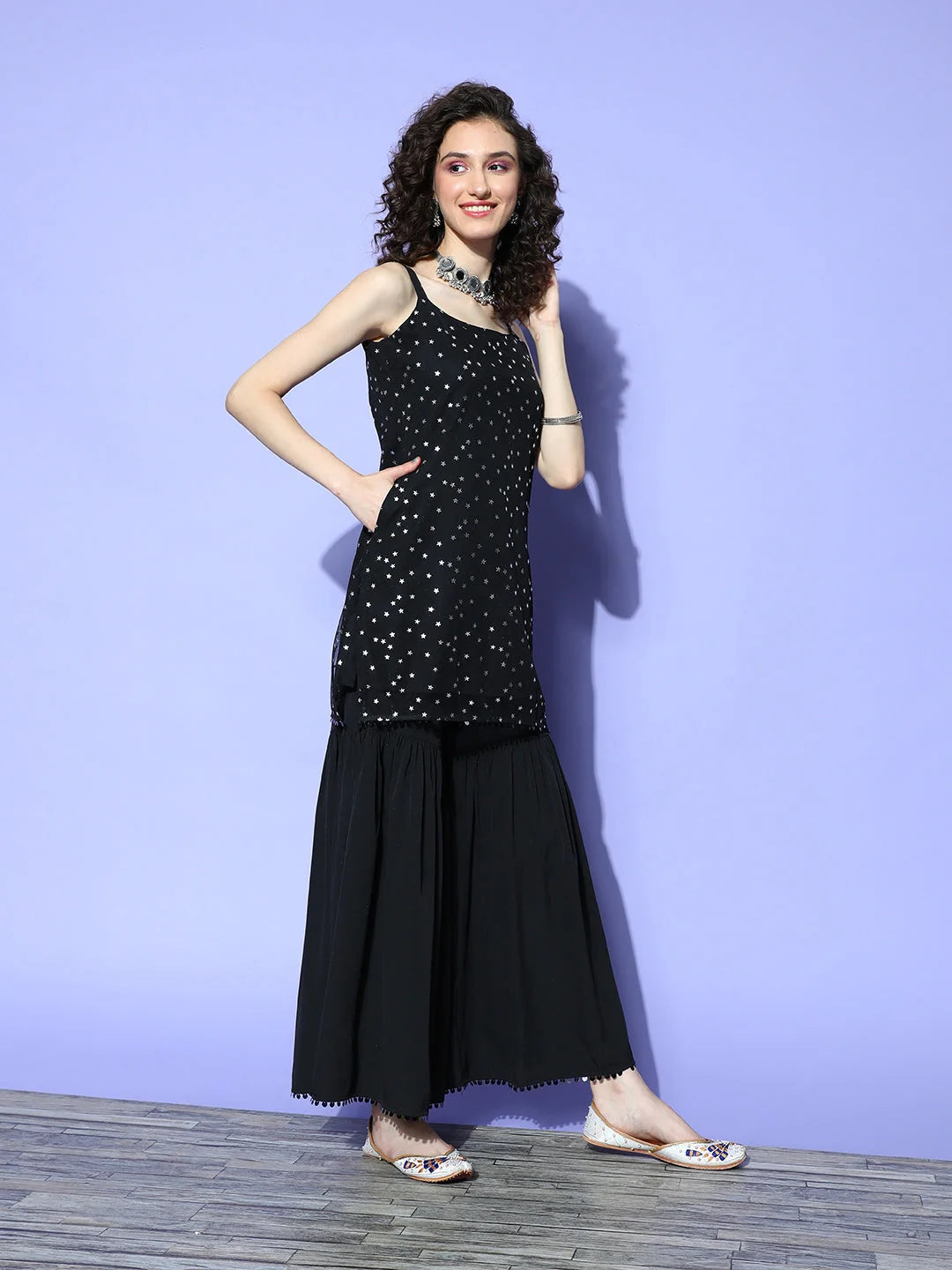 Black Geometric Print Sharara Set - Garara Pants Outfit