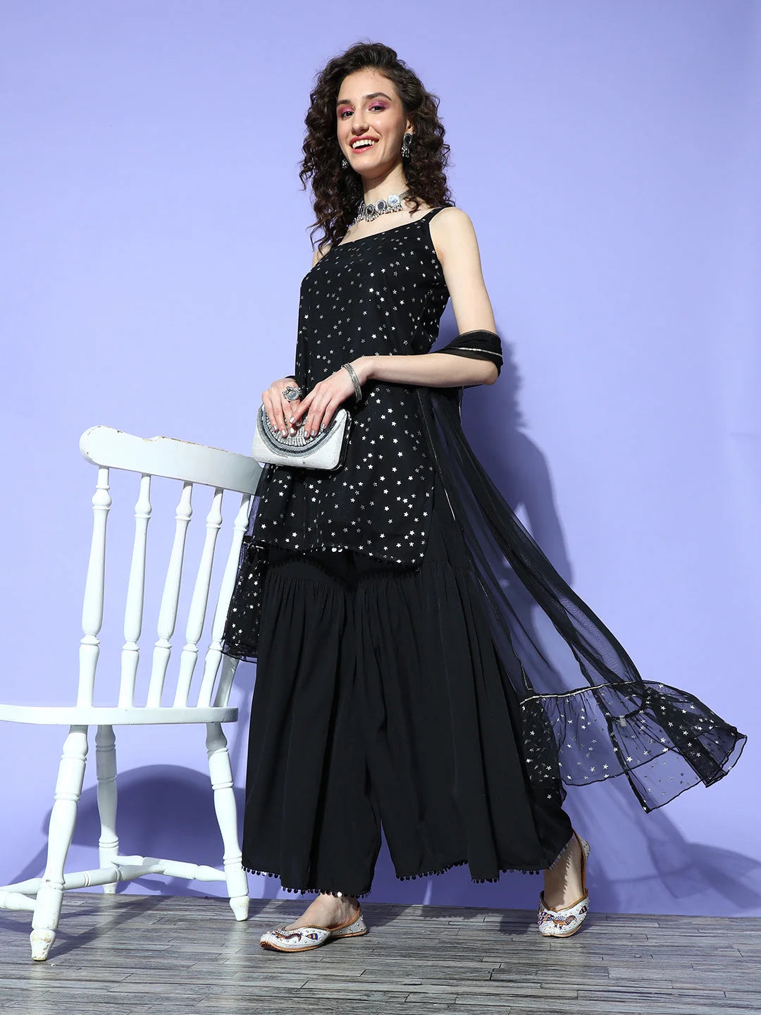 Black Geometric Print Sharara Set - Garara Pants Outfit