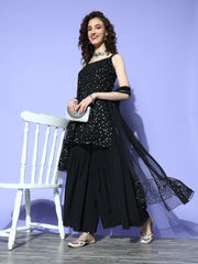 Women's Black Geometric Print Top to Toe Fusion Sharara Set-AHKUDUSH-COMBO-472-FF