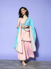 Women's Pink Floral Printed Sharara Set With Dupatta-AHKUDUSH-COMBO-501