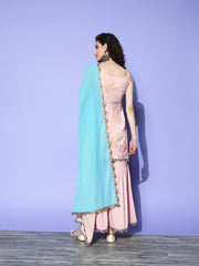 Women's Pink Floral Printed Sharara Set With Dupatta-AHKUDUSH-COMBO-501