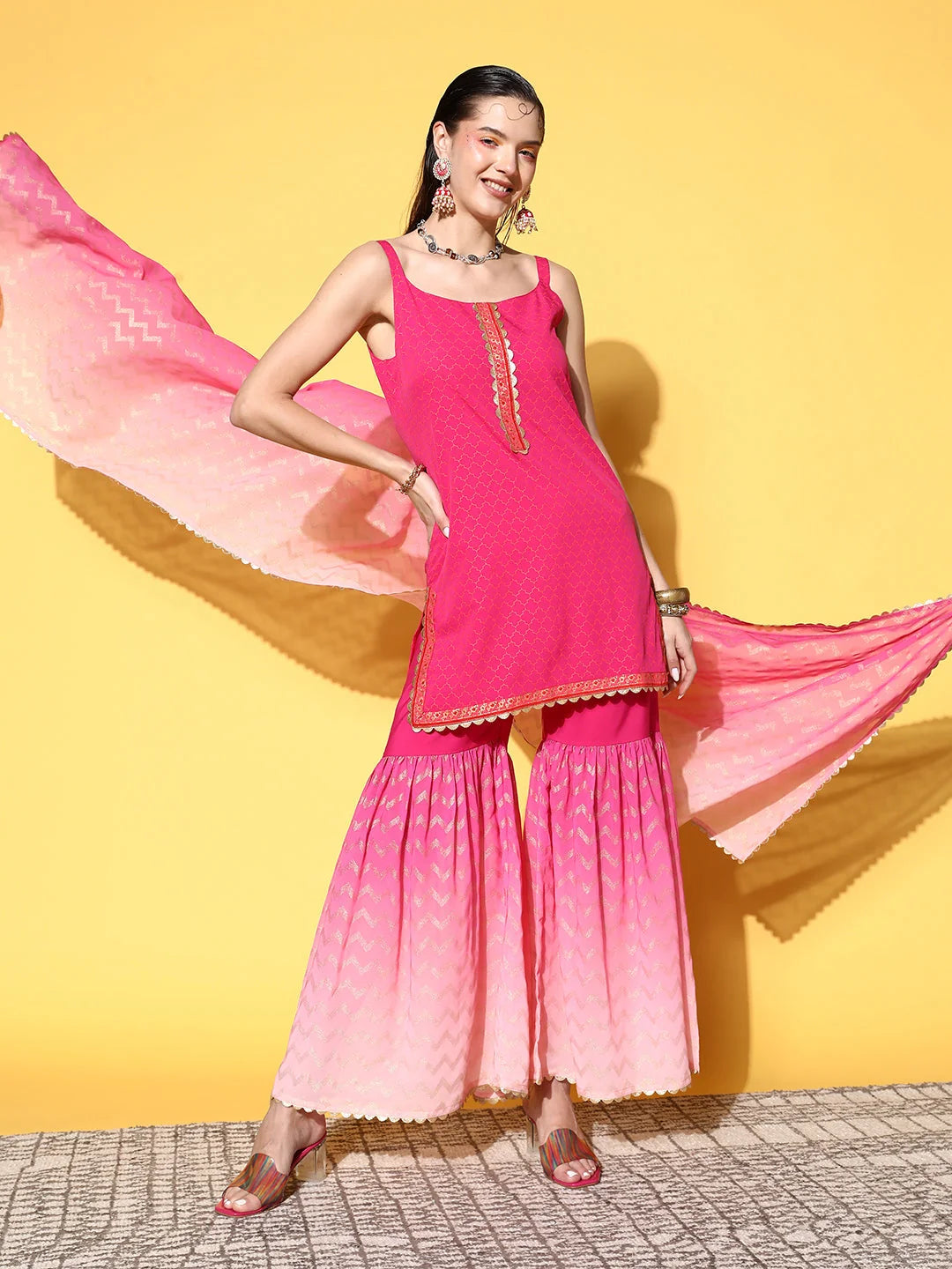 Pink Ombre Sharara Set: Designer Sharara Suits with Dupatta